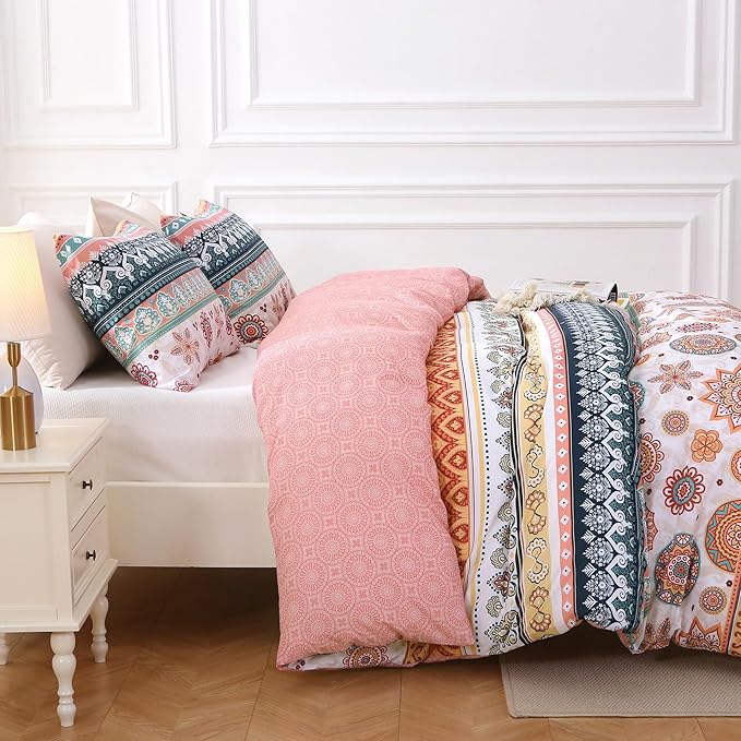 MUXHOMO Duvet Cover Queen Size Floral Duvet Cover Set with Zipper Closure, Boho Flower Bedding Set, 3 Pieces, 1 Duvet Cover 90"x90" with 4 Corner Ties and 2 Pillowcases 20"x30"