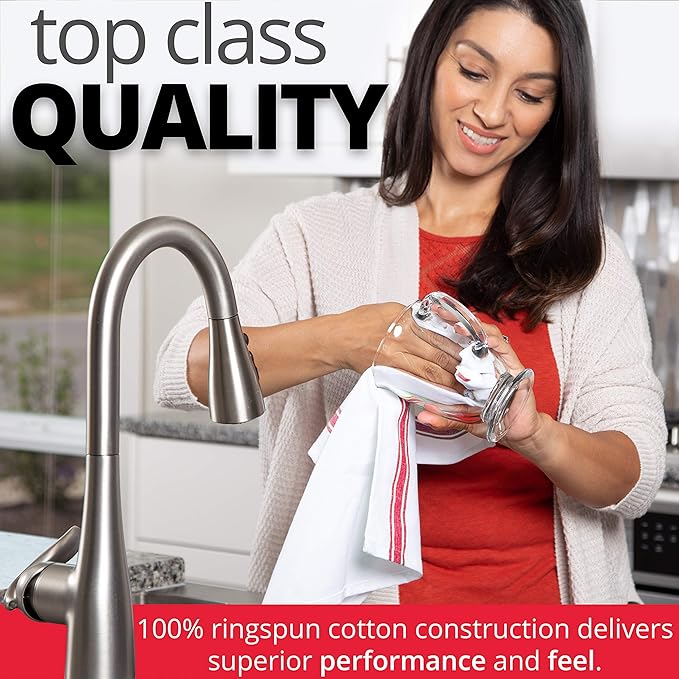 Aunti Em's Kitchen Dish Towels Set (13 Pack) Natural Cotton Fabric for Embroidery - Zero-Lint Cloth for Drying Glasses, Plates, Hand - 25.5 x 15.5 Inch (13-Pack Red Stripes)