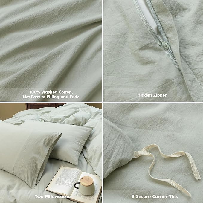 FOSSA Duvet Cover Set 100% Washed Cotton Linen Feel Super Soft Breathable Cozy Simple Style 3 Pieces Bedding Sets Solid Sage Green Oversized King Plus