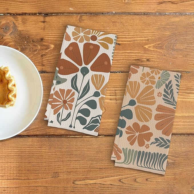 Abstract Boho Floral Kitchen Towels Set of 2, 70s Retro Groovy Dish Towels for Kitchen, Vintage Boho Hand Towels for Bathroom, 16x24 Inches
