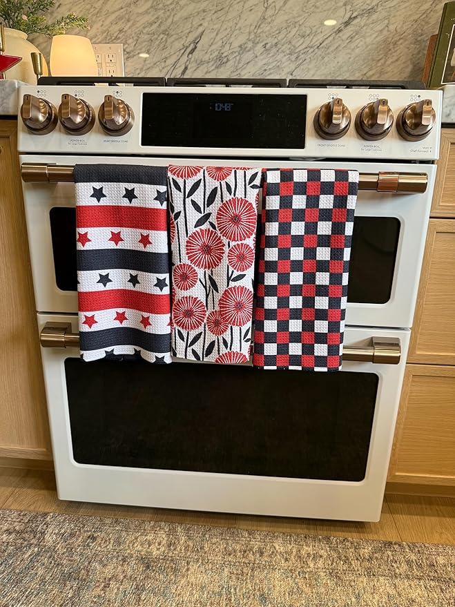 || 3 Pack|| Double Sided Dish Towels || Waffle Weave Microfiber || Tea Towels || Highly Absorbent || Hanging Loop || Dish Cloths || Modern || Designer Prints (July 4th)