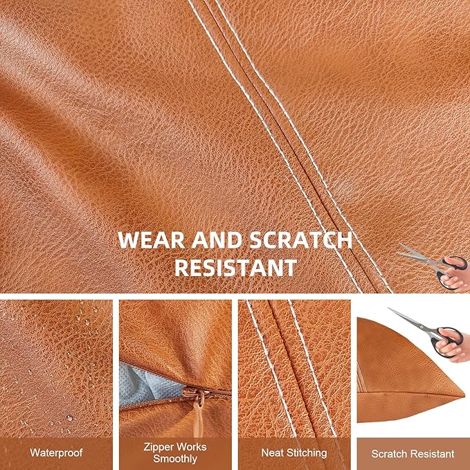 Faux Leather Throw Pillow Covers 18X18 Inch Brown Outdoor Modern Farmhouse Solid Decorative Pillow Covers for Room Couch Living Bedroom Bed Sofa Single Sutures