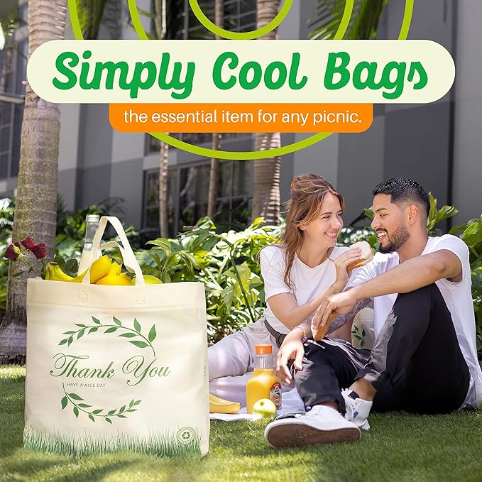 Simply Cool 50 Pack Reusable Thank You-Have a Nice Day Eco-Friendly Large Grocery Shopping Bags 14.5"x14"x6.6" Durable, Recyclable, Washable, Foldable Tote Bags Bulk