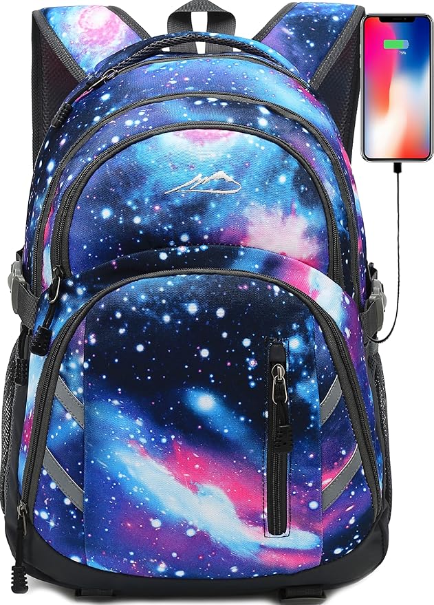 ProEtrade Backpack Bookbag for College Laptop Travel,Fit Laptop Up to 15.6 inch with USB Charging Port Multi Compartment Anti theft, Gift for Women Men (Galaxy)