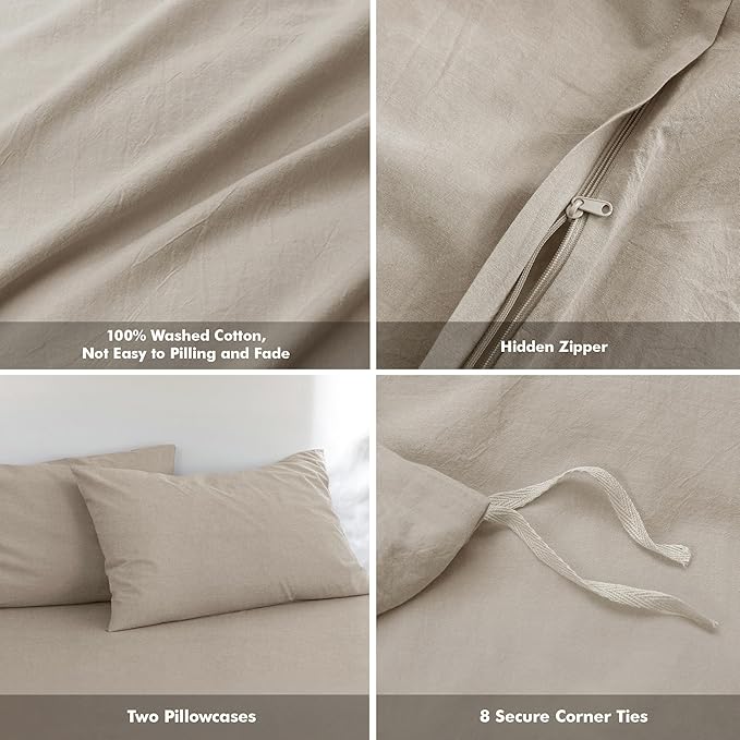 FOSSA Duvet Cover Set 100% Washed Cotton Linen Feel Super Soft Breathable Cozy 3 Pieces Bedding Sets Solid Tannish Linen Grey Oversized King Plus