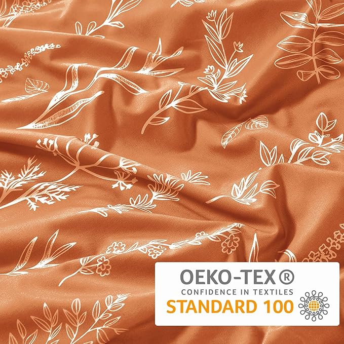 MUXHOMO Duvet Cover Queen Size, Reversible Floral Caramel Duvet Cover Set with Zipper Closure, 3 Pieces Botanical Patterns Soft Microfiber Bedding Set with 4 Ties (90"x90", 2 Pillow Cases)