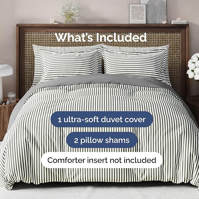 Duvet Cover King Size Set - Extra Soft King Size Duvet Cover 104 x 90 with 2 Pillow Shams - Hotel Luxury Easy Care and Fade Free w/Zipper Closures & Ties - Comfy Breathable Bedding Set (Grey Stripes)