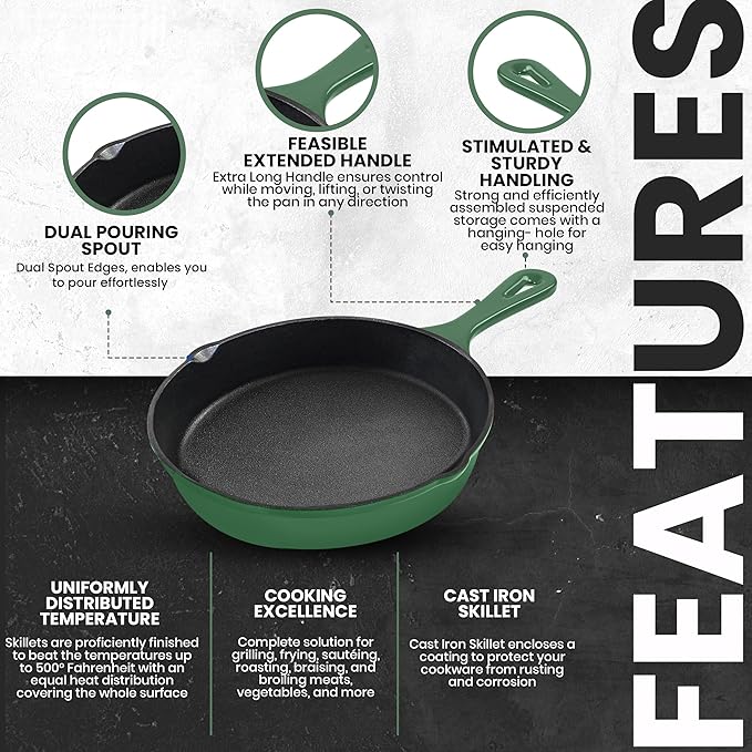 Utopia Kitchen Cast Iron Frying Pan 8 Inch, Cast Iron Chefs Pan, Pre Seasoned Skillet, Safe Grill Cookware for Indoor & Outdoor Use, Green