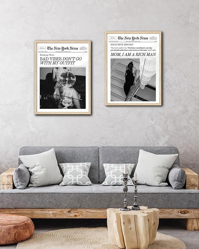 EcoHest Trendy Newspaper Magazine Framed Wall Art, 16x20 in Large OAK Wood Bad Vibes Don't Go With My Outfit Disco Bar Canvas Wall Art, Preppy Retro Home Decor For Bedroom Living Room 1Pack