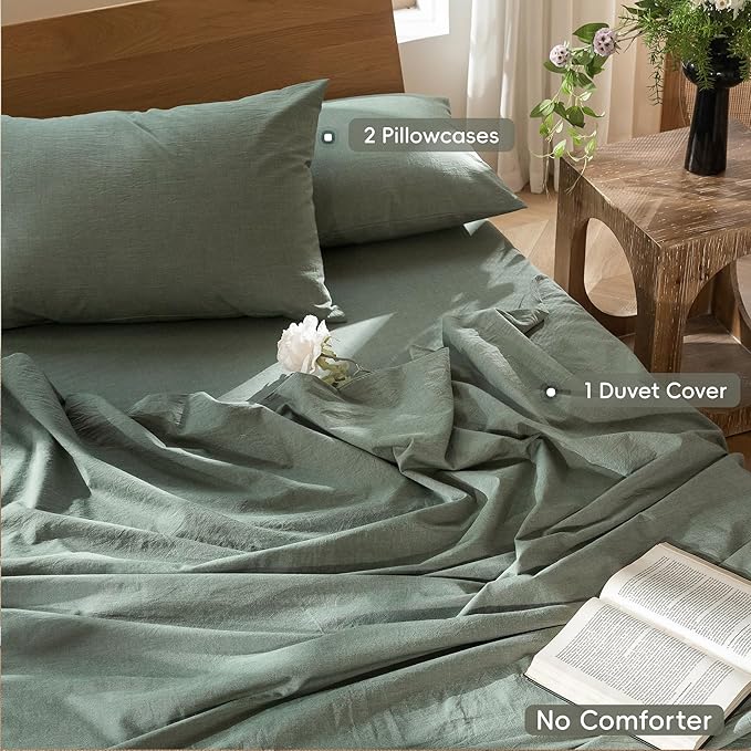 MooMee Bedding Duvet Cover Set 100% Washed Cotton Linen Like Textured Breathable Durable Soft Comfy (Heathered Green, Super King 108"x98")