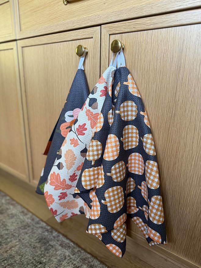 || 3 Pack|| Double Sided Dish Towels || Waffle Weave Microfiber || Tea Towels || Highly Absorbent || Hanging Loop || Dish Cloths || Modern || Designer Prints (Fall Leaves Gray)