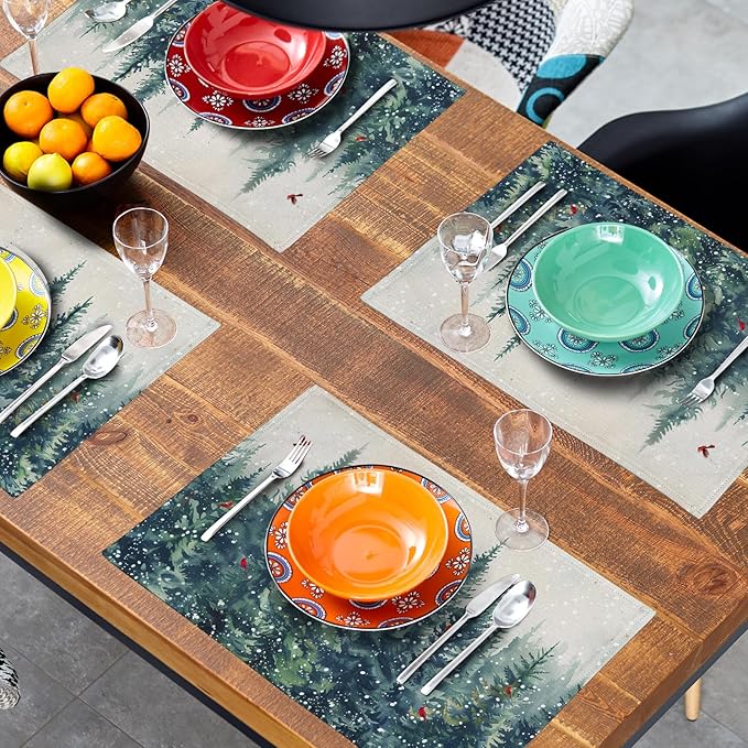 Giwawa Winter Pine Trees Placemats Set of 4 Watercolor Christmas Forest Red Birds Linen Table Mat 12"x18" Xmas Snowy Tree Decorative Seasonal Washable Place Mats for Kitchen Dining Holiday