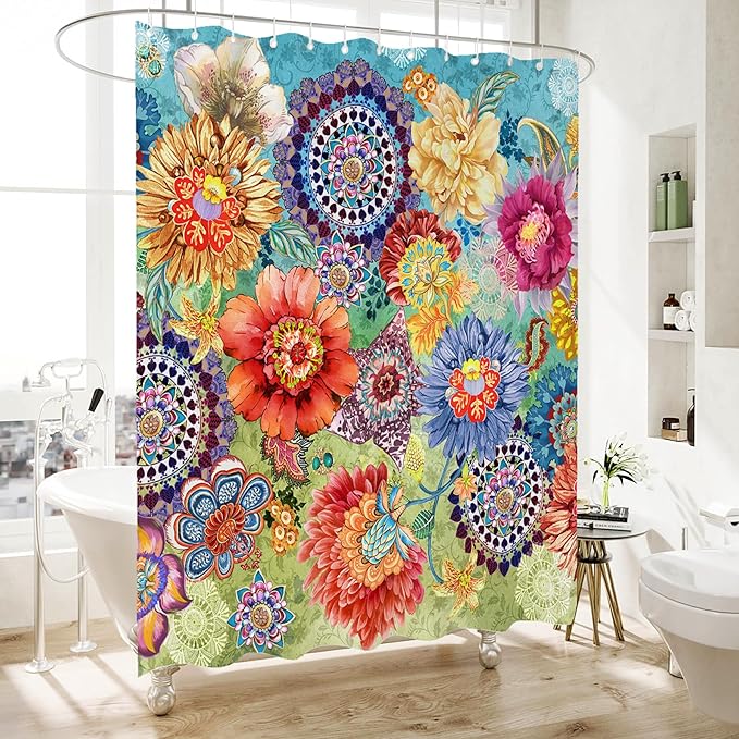 Bohemian Bathroom Curtain Colorful Boho Floral Print Beautiful Bright Polyester Fabric Cloth Shower Curtain for Bathroom Decoration, 72"x72"