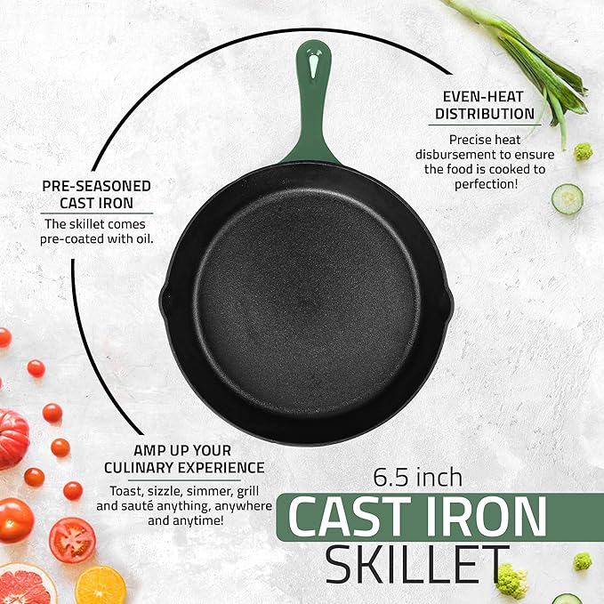 Utopia Kitchen Cast Iron Frying Pan 8 Inch, Cast Iron Chefs Pan, Pre Seasoned Skillet, Safe Grill Cookware for Indoor & Outdoor Use, Green
