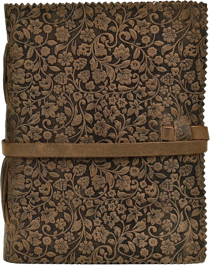 LEATHER VILLAGE Leather Bound Floral Embossed Journal for Women Men - 200 Pages, 6”X4”(A6), Brown - Book of Shadows, Vintage Blank Paper Travel Diary, Notebook for Writing, Drawing, Sketchbook