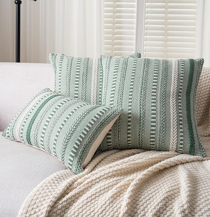 Boho Throw Pillow Covers 12x20 Inch Set of 2, Farmhouse Decorative Couch Pillow Cases, Light Green Accent Pillows of Bed, Sofa Bedroom Living Room Home Decor Cushion Cover
