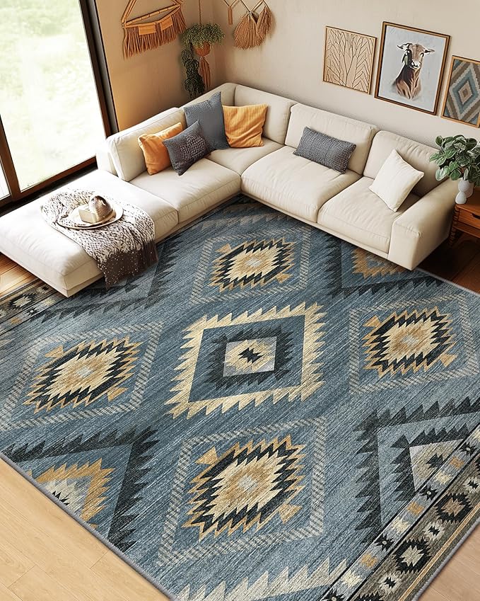 BESTSWEETIE Area Rug 9x12 Rug Machine Washable Non-Slip Low Pile Print Pattern Western Rug for Living Room Bedroom Navy/Grey
