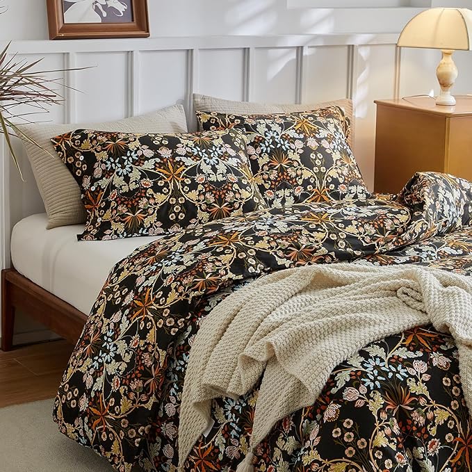 mixinni Vintage Floral Duvet Cover California King Size Farmhouse Boho Duvet Cover Set Cotton Percale Flowers Printed Bedding Set with 2 Pillowcases Perfect for Him and Her-California King Size