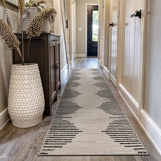 Rugshop Bohemian Stripe Stain Resistant High Traffic Living Room Kitchen Bedroom Dining Home Office Runner Rug 2' 7" x 8' Cream