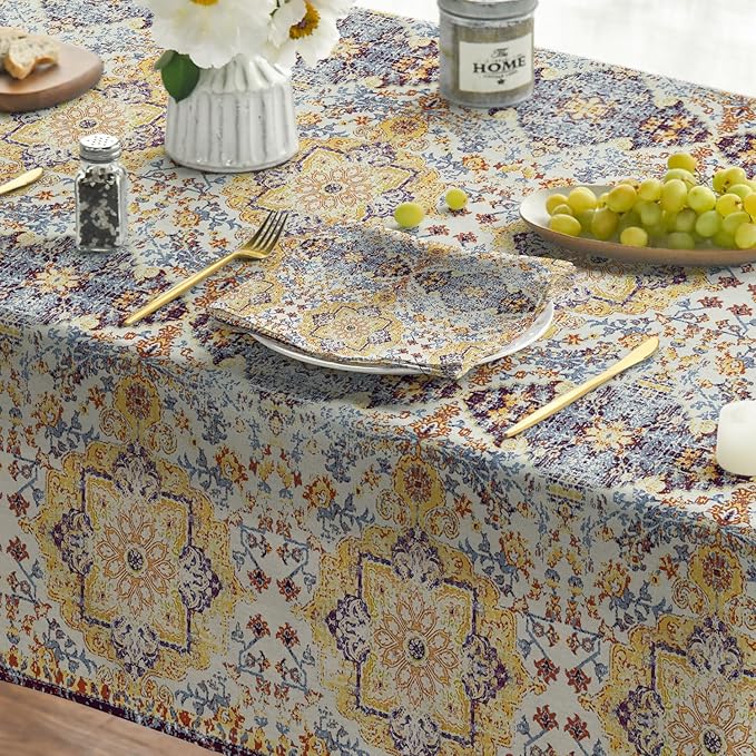 Horaldaily Boho Bohemia Style Tablecloth 60×60 Inch Square, Yellow Vintage Country Rustic Farmhouse Magical Fall Orange Washable Seasonal Table Cover for Party Picnic Dinner Decor