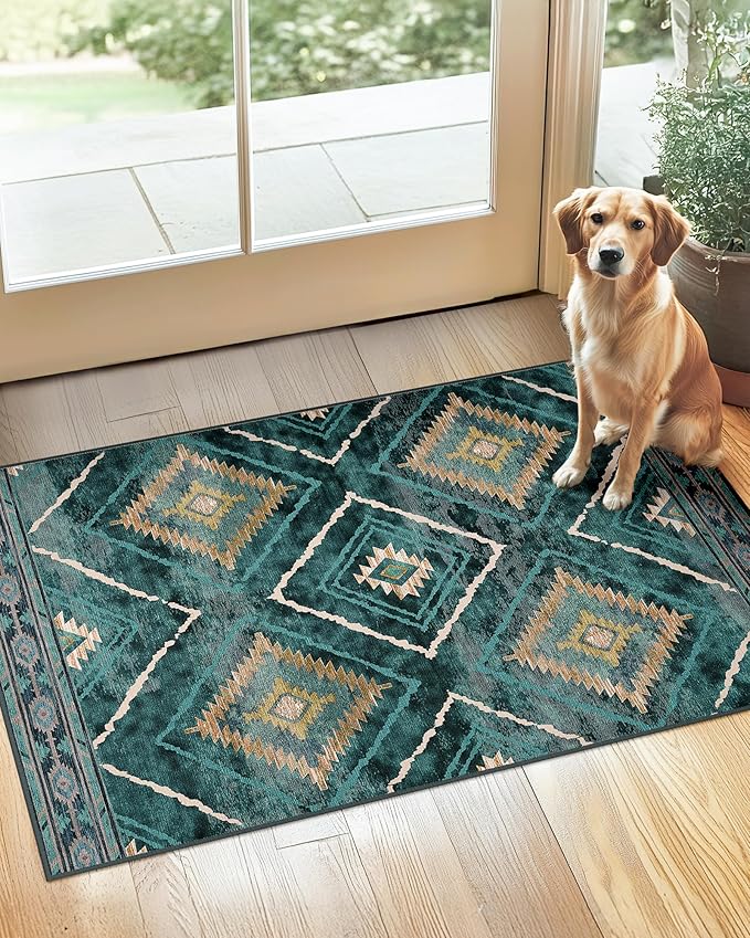 Area Rug 2x3 Rug Machine Washable Non-Slip Low Pile Print Pattern Western Rug for Living Room Bedroom Entryway Tribal Series -Teal/Green