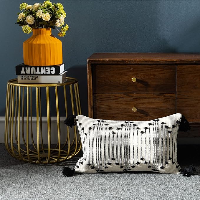 LIGICKY Boho Lumbar Pillow Covers Decorative Woven Tassel Throw Pillows Rectangle Pillow Sham Black and Off White Pillowcase for Couch Sofa Bed Car 12x20 Inch