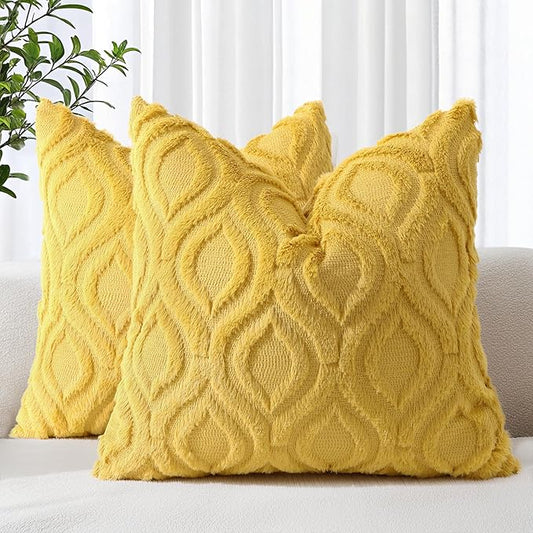 decorUhome Throw Pillow Covers 24x24 Inch Set of 2, Soft Plush Decorative Faux Fur Mustard Yellow Solid Couch Pillow Covers, Accent Farmhouse Neutral Square Euro Pillow Cases for Sofa Bed Living Room