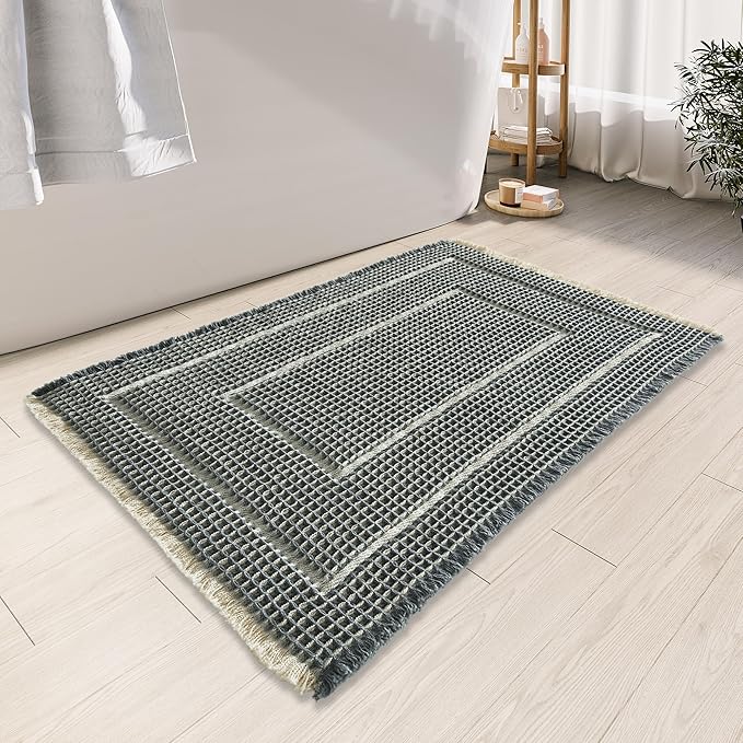 Bath Boho Floor Mat,Waffle Bath Rug,Super Absorbent Bathroom Mat,Bath Rugs Non Slip Washable, Quick Dry Shower Mats, Ultra Soft Bath Mat Towel,Bluish Grey & Yellow,18"*30"