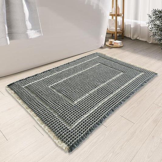 Bath Boho Floor Mat,Waffle Bath Rug,Super Absorbent Bathroom Mat,Bath Rugs Non Slip Washable, Quick Dry Shower Mats, Ultra Soft Bath Mat Towel,Bluish Grey & Yellow,18"*30"