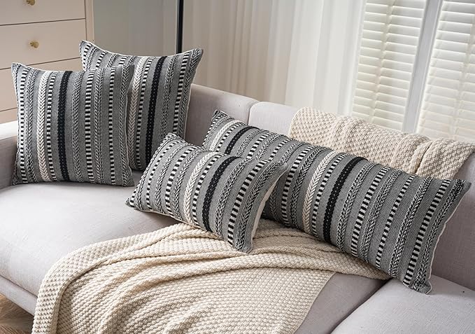 Boho Lumbar Pillow Covers 14x36 Long, Farmhouse Decorative Couch Pillow Cases, Black Accent Pillows of Bed, Sofa Bedroom Living Room Home Decor Cushion Cover, Pack of 1