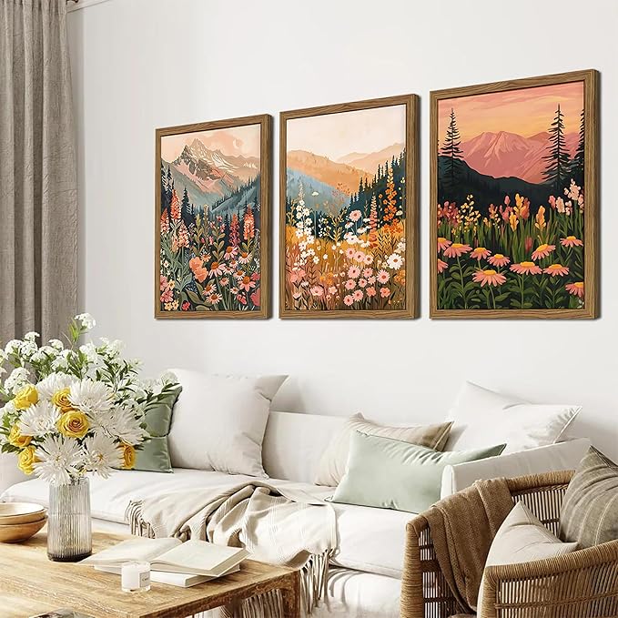 Boho Colorful Landscape wall art Wildflower Mountain Wall Decor Vintage Floral Forest Paintings Rustic Nature Pictures Canvas Prints for Living Room Bedroom Dining Room 12x16 Inch Wood Framed