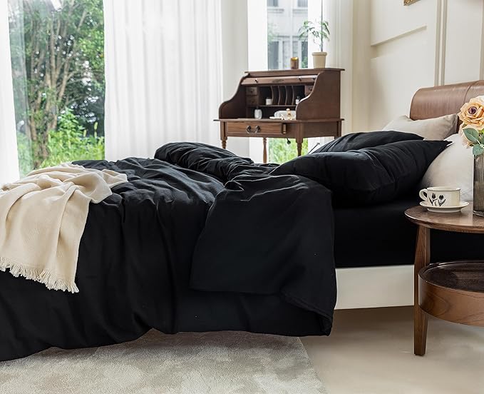 FOSSA Duvet Cover Set 100% Washed Cotton 2 Pieces Bedding Set Twill Soft Cozy Breathable Sturdy Substantial with Textured Weave Solid Black Twin/Twin XL