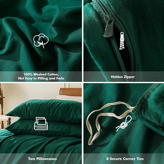 FOSSA Duvet Cover Set 100% Washed Cotton 3 Pieces Bedding Set Twill Soft Cozy Breathable Sturdy Substantial with Textured Weave Solid Green King