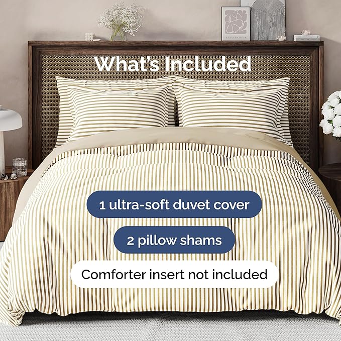 Duvet Cover Queen Size Set - Extra Soft Queen Size Duvet Cover 90 x 90 with 2 Pillow Shams - Hotel Luxury Easy Care & Fade Free w/Zipper Closures & Ties - Comfy Breathable Bedding Set (Beige Stripes)