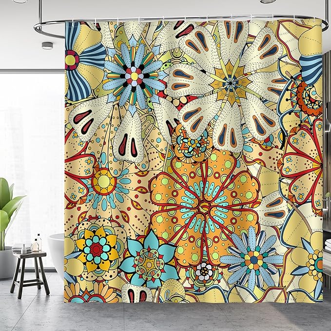 Aimego Boho Floral Shower Curtains - Bohemian Mandala Gypsy Colorful Flowers Bath Shower Curtain Set with 12 Hooks for Adults Bathroom Decor Accessories, 72"x72"
