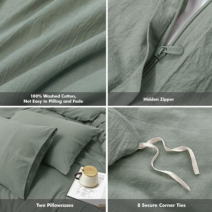 FOSSA Duvet Cover Set 100% Washed Cotton Linen Feel Super Soft Breathable Cozy Simple Style 3 Pieces Bedding Sets Solid Heathered Green Oversized Queen
