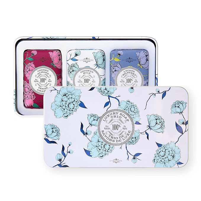 La Chatelaine Luxury Bar Soap Trio Gift Set Tin – Winter White | Made in France | Natural and Organic Soap Bars | Shea Butter Formula | 3 x 7 oz / 200g (Cherry Almond, Coconut Milk, Lychee Bilberry)