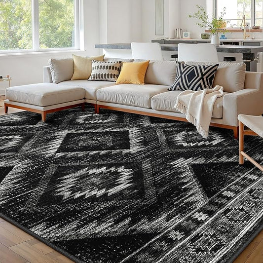 Area Rug 9x12 Rug Machine Washable Non-Slip Low Pile Print Pattern Western Rug for Living Room Bedroom Entryway Tribal Series -Black