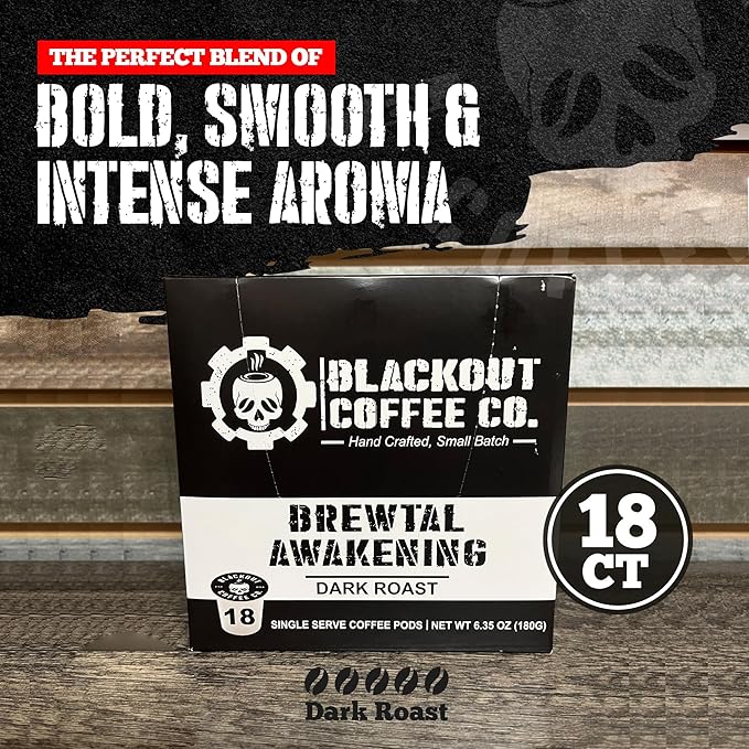 Blackout Coffee Brewtal Awakening Dark Roast Coffee – HIGH CAFFEINE, Bold & Strong, Fuel Your Mission – 18 Count K-Cup Pods, American Made