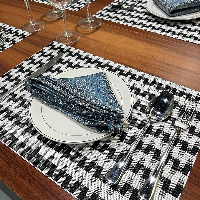 Placemat,Blending Color Durable Woven Vinyl Placemat Washable Heat-Resistant Anti-Skid Kitchen Dining Table Mats Set of 8, Black White