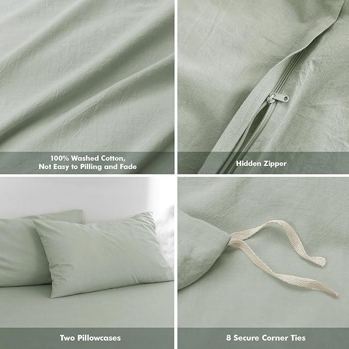 FOSSA Duvet Cover Set 100% Washed Cotton Linen Feel Super Soft Breathable Cozy 3 Pieces Bedding Sets Solid Sage Green King