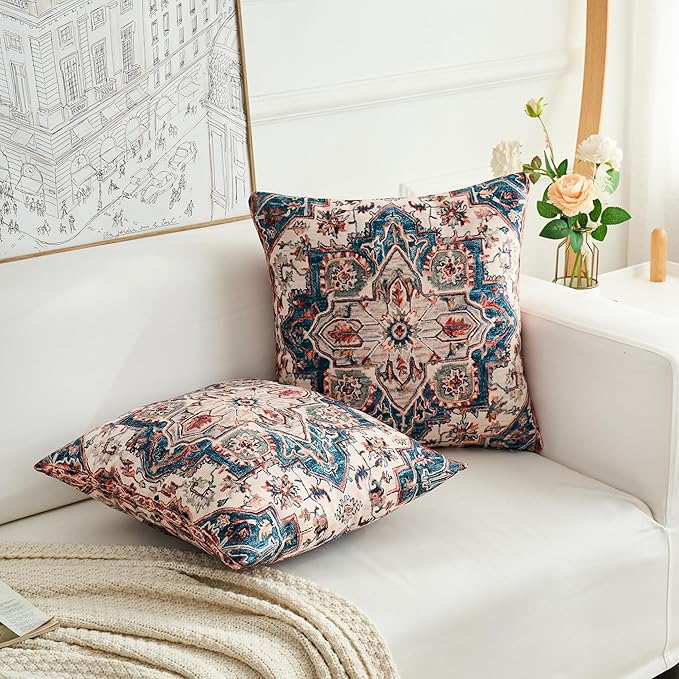 Boho Throw Pillow Covers 20x20 inch Set of 2,Boho Vintage Carpet Pattern Antique Ethnic Decor Double Sided Pattern Cushion Cover Soft Pillow Case Living Sofa Room Bed Square Pillow Cover