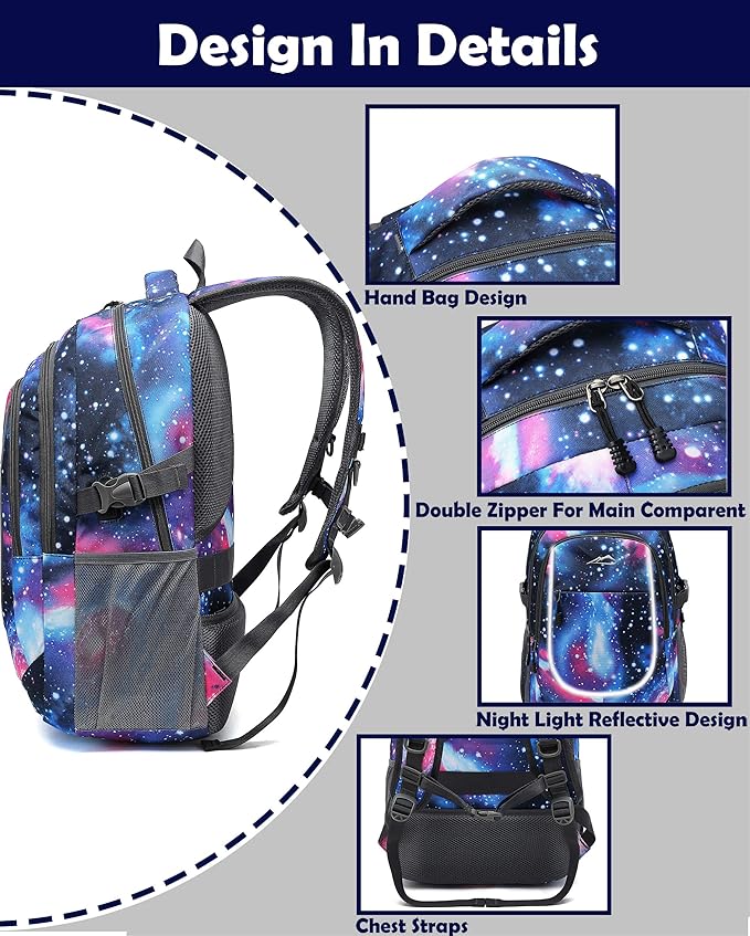 Galaxy Backpack for College Sturdy Bookbag Travel Business with USB Charging Port Laptop compartment Chest Straps Anti Theft Night Light Reflective (Galaxy)