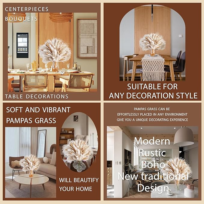 130PCS Natural Dried Pampas Grass Boho Home Decor Bouquet Phragmites Dried Flowers Bouquet for Wedding Floral Arrangements Home Decorations (130PCS)