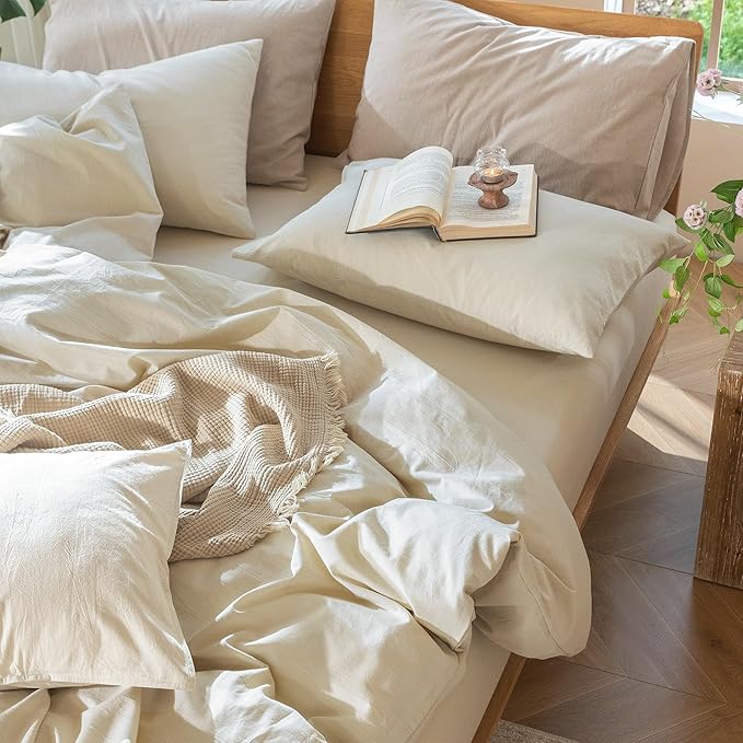 MooMee Bedding Duvet Cover Set 100% Washed Cotton Linen Like Textured Breathable Durable Soft Comfy (Heathered Almond Milk Grey, Super Queen 90"x98")