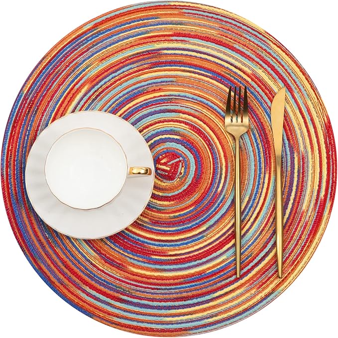 SHACOS Round Braided Placemats Set of 8 Washable 15 inch Round Table Mats Colorful Variegated Woven Place Mats for Dining Table (Rainbow Red, 8)