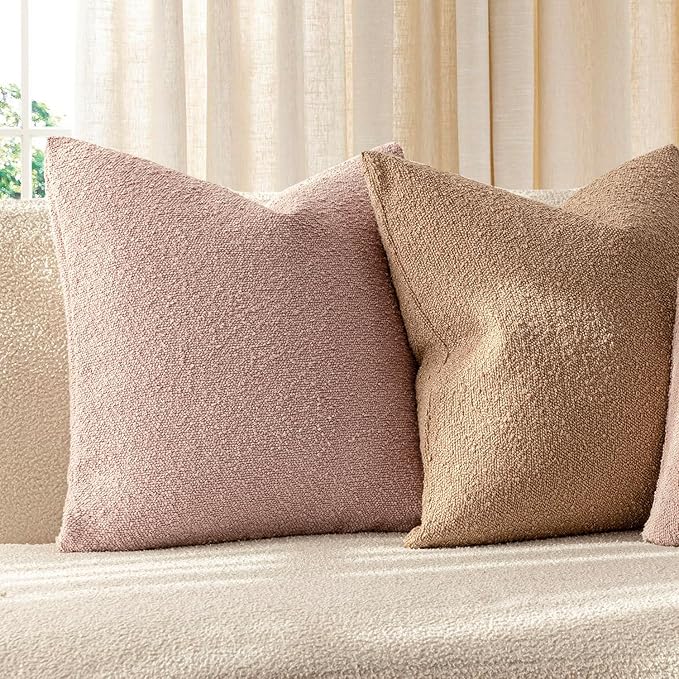 Foindtower Set of 2, Decorative Textured Boucle Throw Pillow Covers Accent Solid Pillow Cases Soft Cozy Couch Cushion Case for Chair Sofa Bedroom Living Room Home Decor 22 x 22 Inch Light Pink