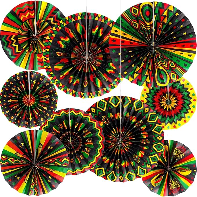 Outus Black History Month Decorations Paper Fans Juneteenth Hanging Paper Fans Kente Ceiling Wall Garland for African American Party Bulletin Board Classroom Decor (18 Pcs,Design)