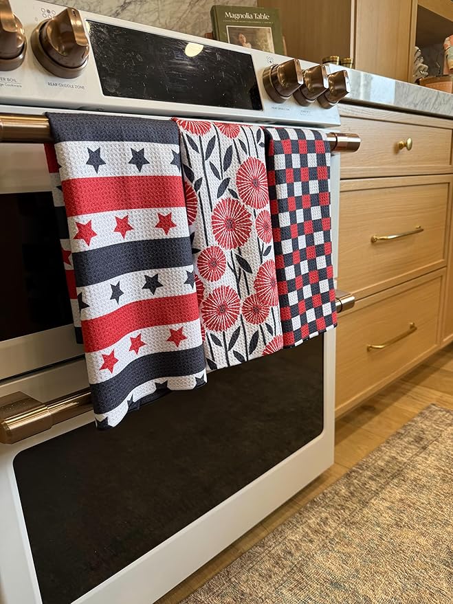 || 3 Pack|| Double Sided Dish Towels || Waffle Weave Microfiber || Tea Towels || Highly Absorbent || Hanging Loop || Dish Cloths || Modern || Designer Prints (July 4th)