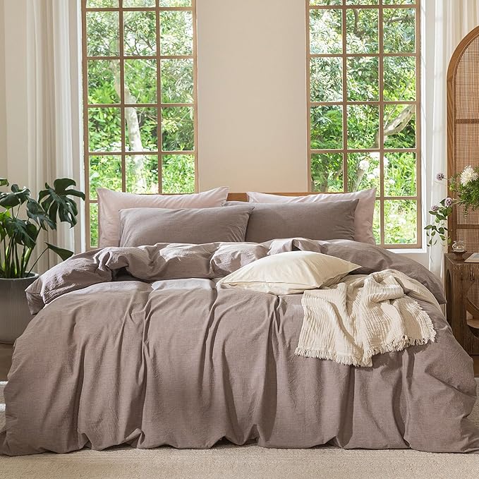 MooMee Bedding Duvet Cover Set 100% Washed Cotton Linen Like Textured Breathable Durable Soft Comfy (Heathered Mauve Brown, Super King 108"x98")